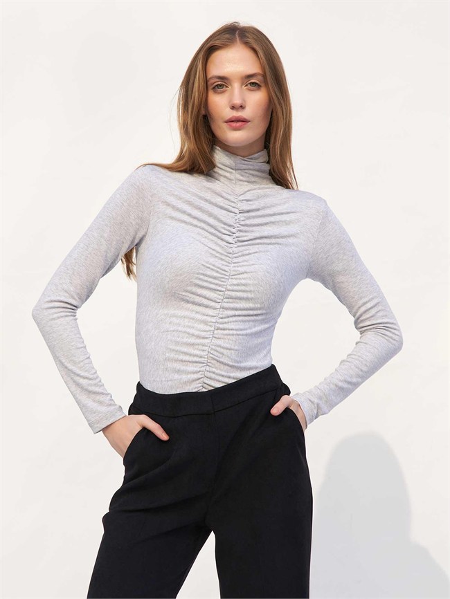 Büzgülü Boğazlı Body 072045 Önü Gri