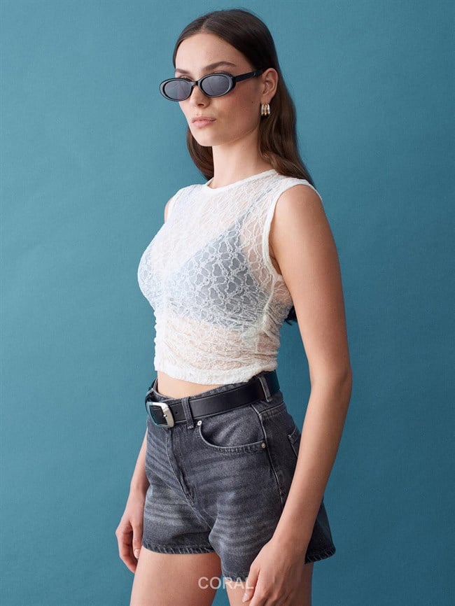 Büzgülü Dantel Bluz 32492 Ekru