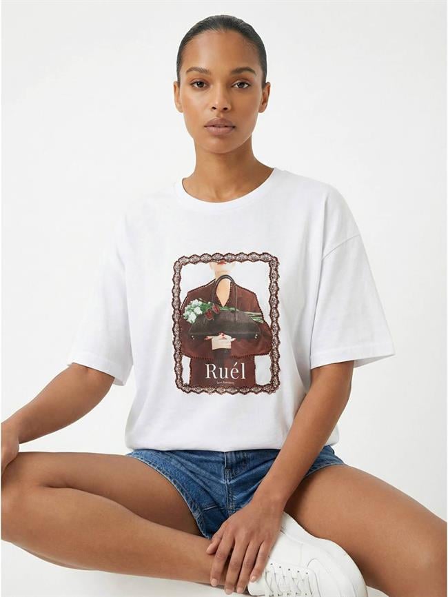 Çantalı Kadın Baskılı Tişört 7479 Beyaz