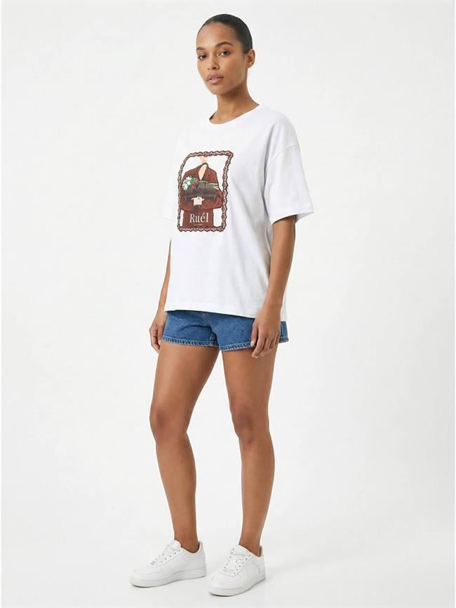Çantalı Kadın Baskılı Tişört 7479 Beyaz