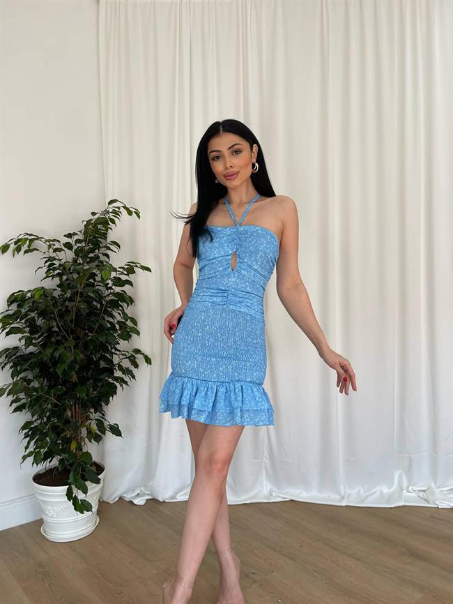 Çapraz Askılı Desenli Gipeli Elbise 11512 Mavi