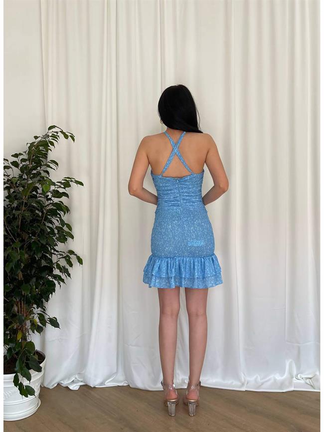 Çapraz Askılı Desenli Gipeli Elbise 11512 Mavi