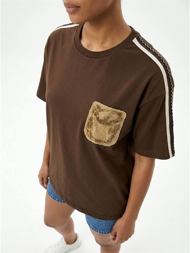 Cebi Pullu Nakışlı Tişört 7459 Kahve