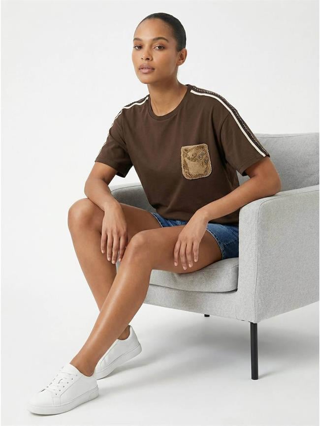 Cebi Pullu Nakışlı Tişört 7459 Kahve