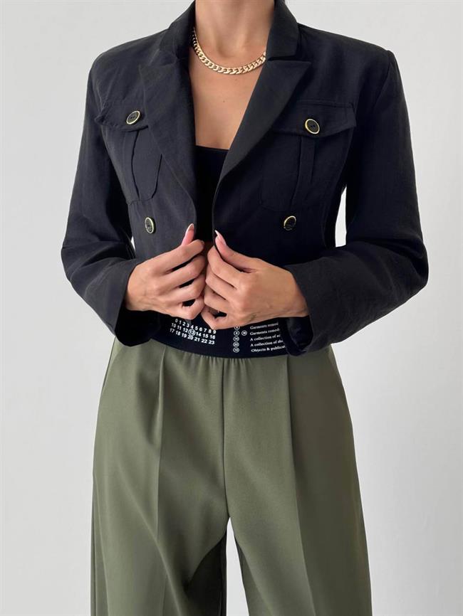 Cep Detaylı Kruvaze Kısa Bluz 3001 Siyah