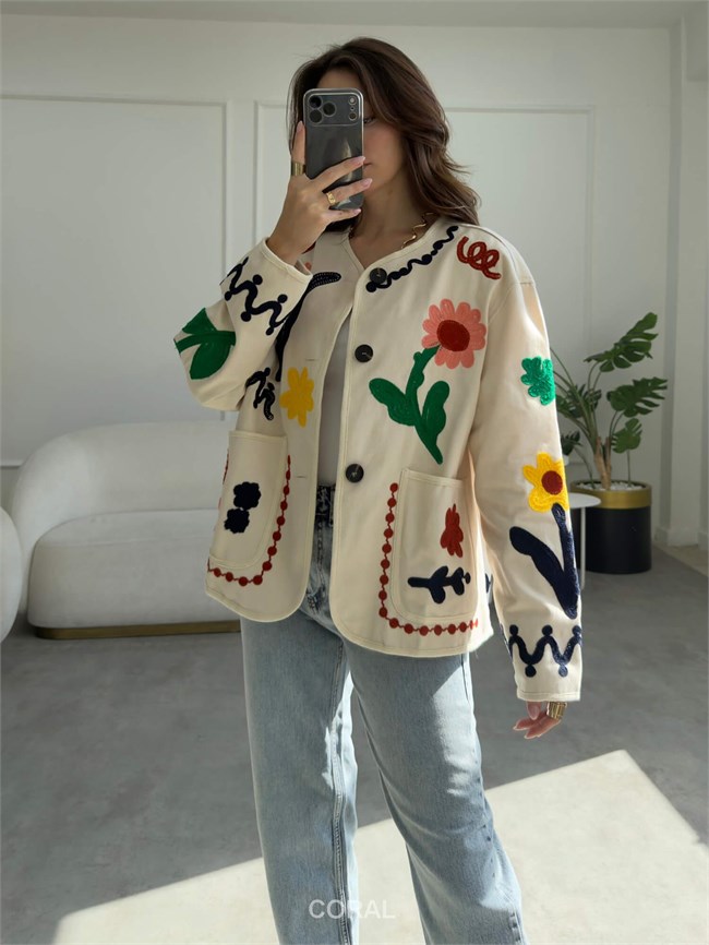 Çiçek Nakışlı Ceket 37803 Naturel