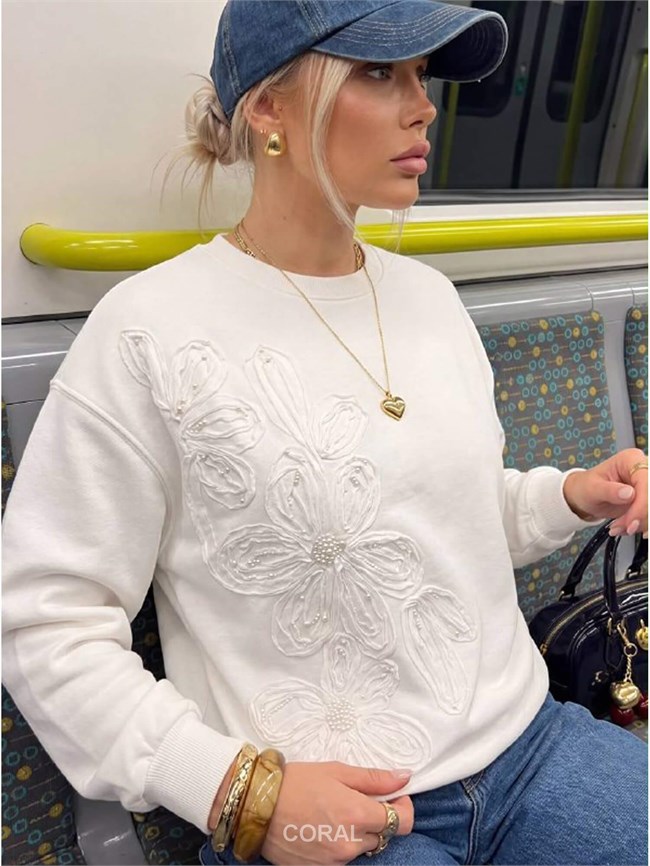 Çiçek Nakışlı SweatShirt 5945 Beyaz