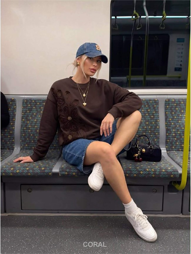 Çiçek Nakışlı SweatShirt 5945 Kahve