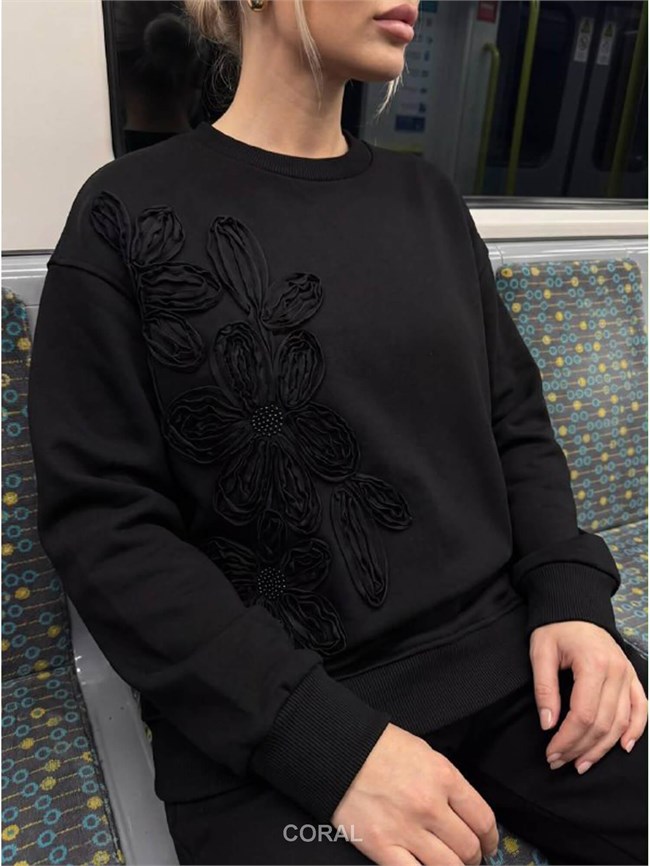 Çiçek Nakışlı SweatShirt 5945 Siyah