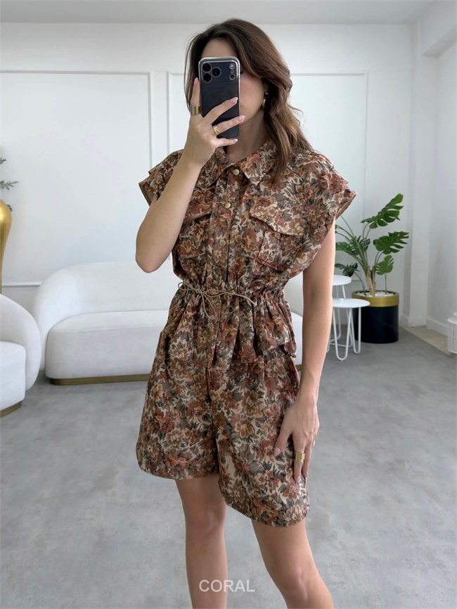 Çiçekli Kolsuz Gömlek 31295 Bej