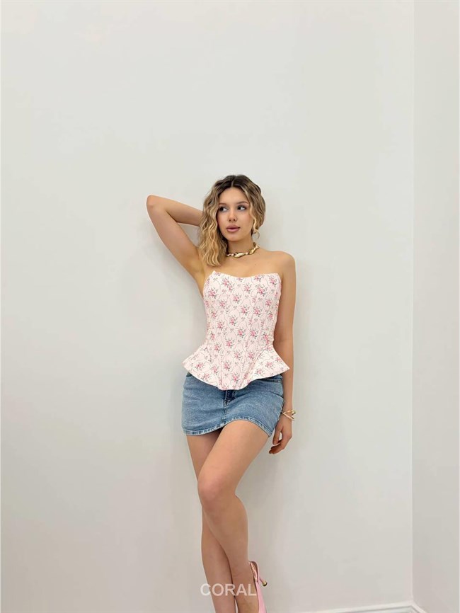 Çiçekli Straplez Bluz 20498 Pudra