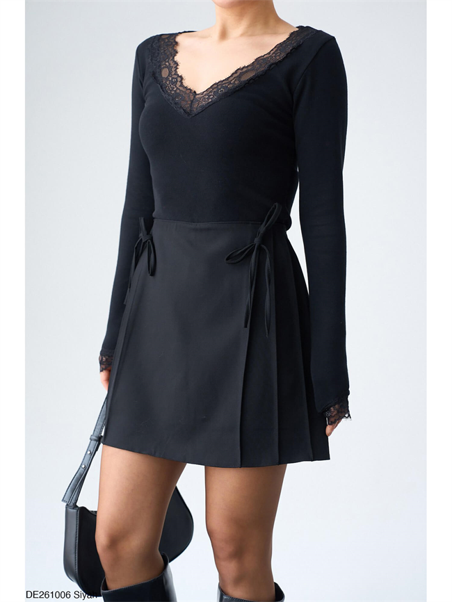 Çift Bağcıklı Pileli Etek De261006 Siyah