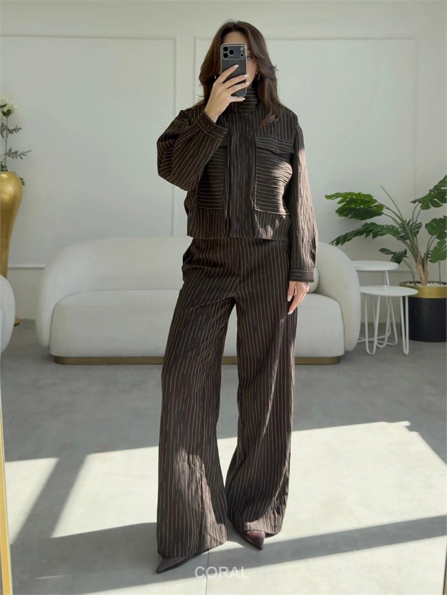 Çift Cepli Çizgili Kısa Ceket CKT02467 Kahve