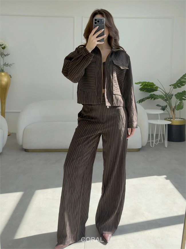 Çift Düğmeli Çizgili Pantolon PNT02466 Kahve