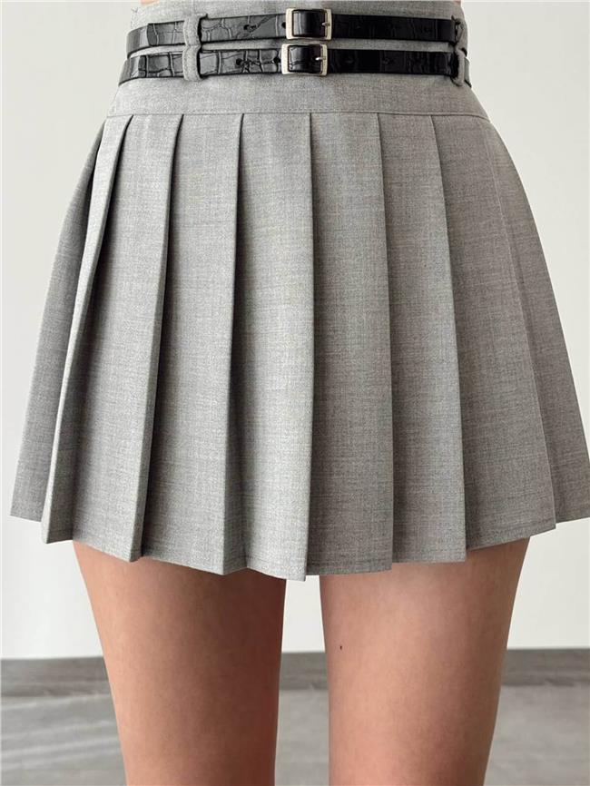 Çift İnce Kemerli Pileli Etek Açık Gri