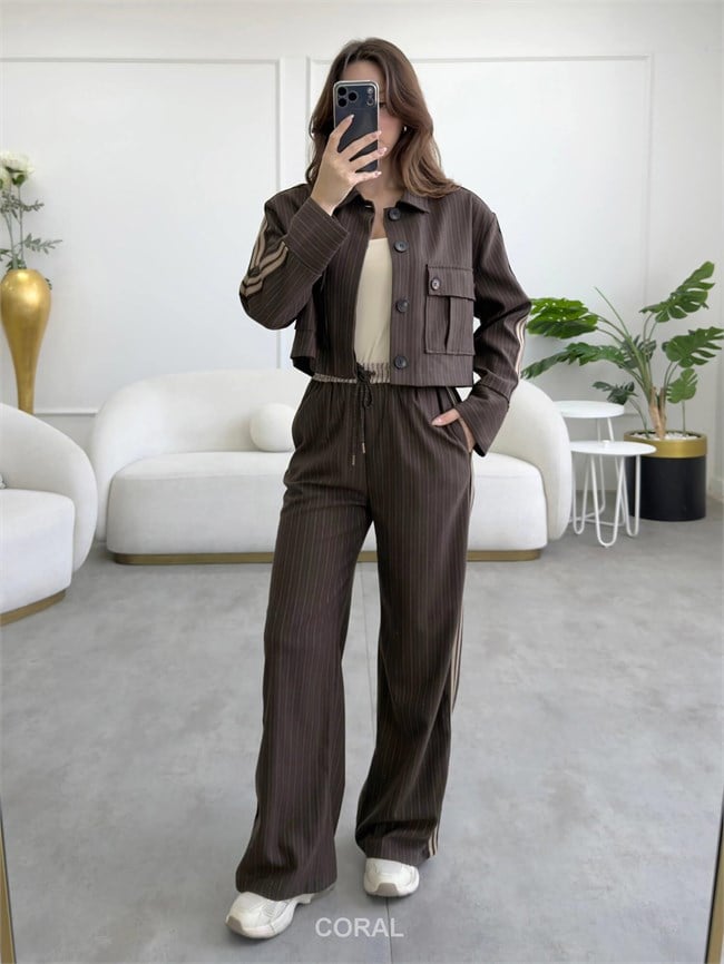 Çift Şeritli Çizgili Pantolon PNT02643 Kahve