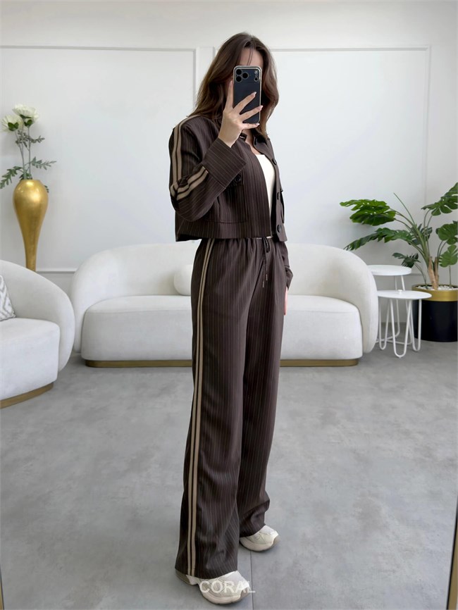 Çift Şeritli Çizgili Pantolon PNT02643 Kahve