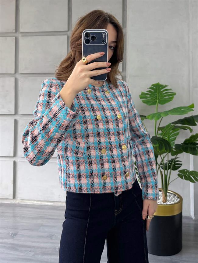 Çift Sıra Düğmeli Kaşe Ceket 5042 Pudra - Mavi