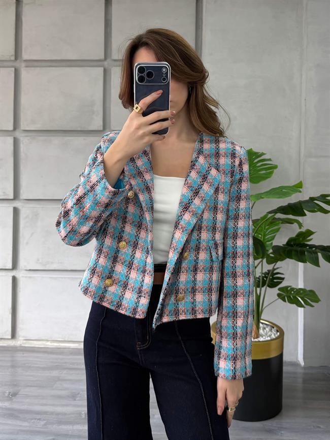 Çift Sıra Düğmeli Kaşe Ceket 5042 Pudra - Mavi