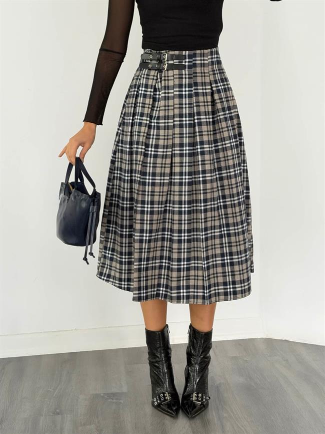 Çift Tokalı Ekoseli Etek De251127 Lacivert - Bej