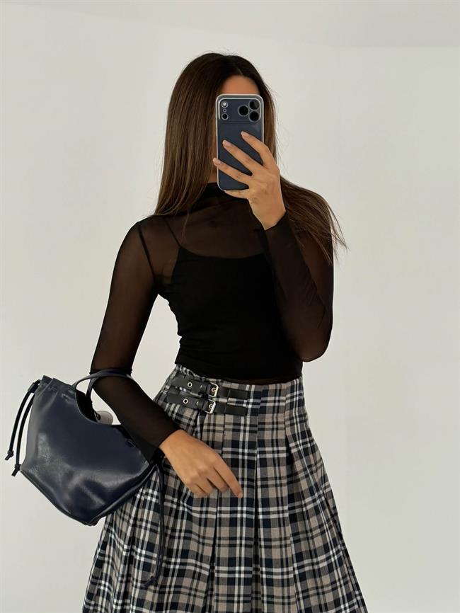 Çift Tokalı Ekoseli Etek De251127 Lacivert - Bej