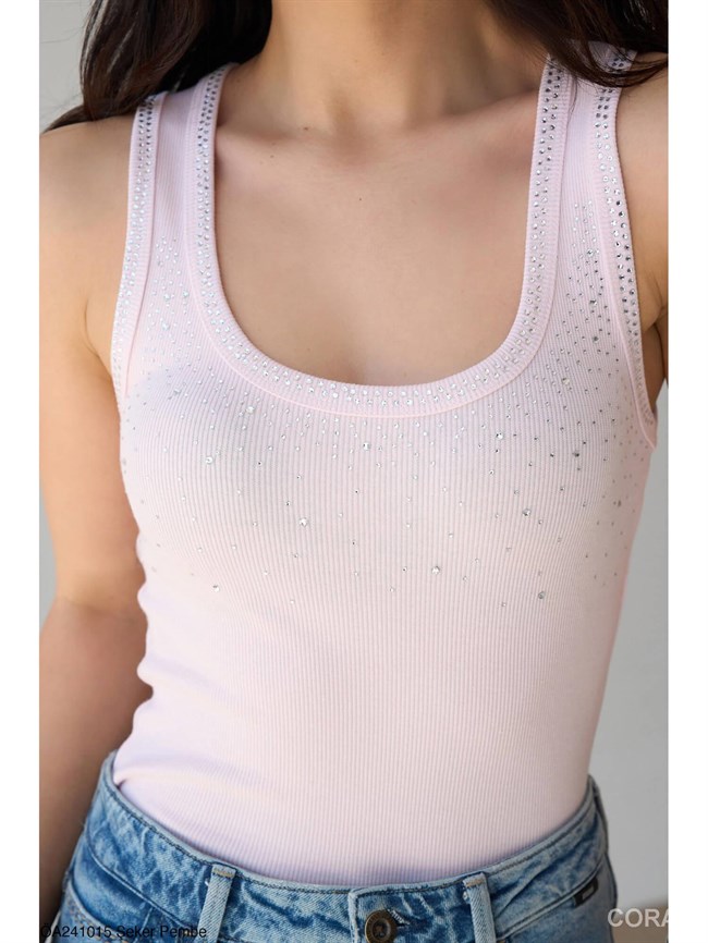 Dağınık Taşlı Atlet ÖA241015 Şeker Pembe