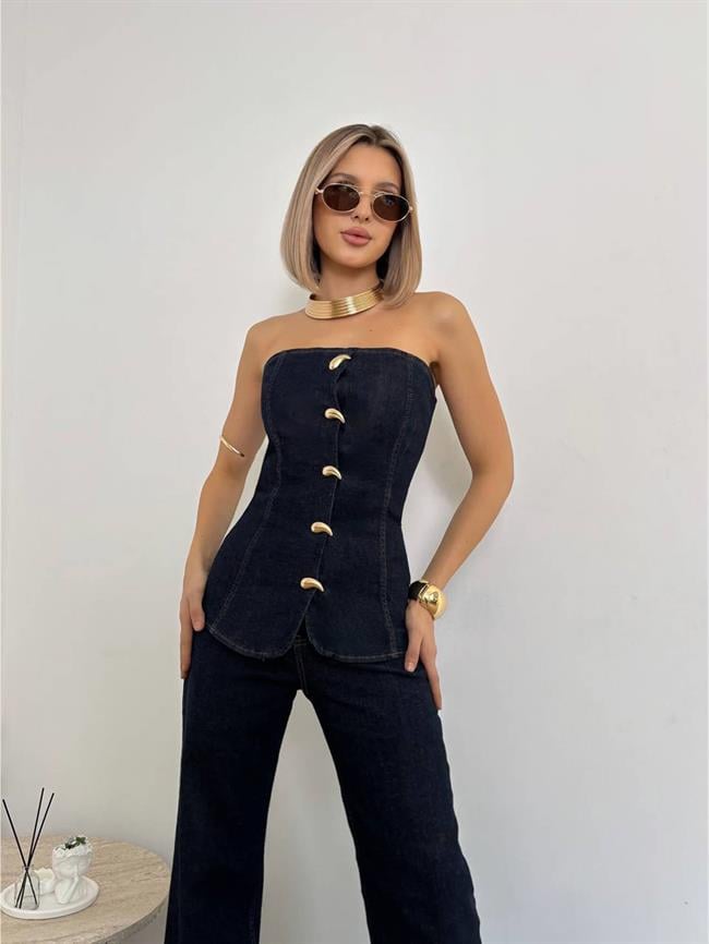 Damla Düğmeli Straplez Bluzlu Kot Takım 30019 Lacivert