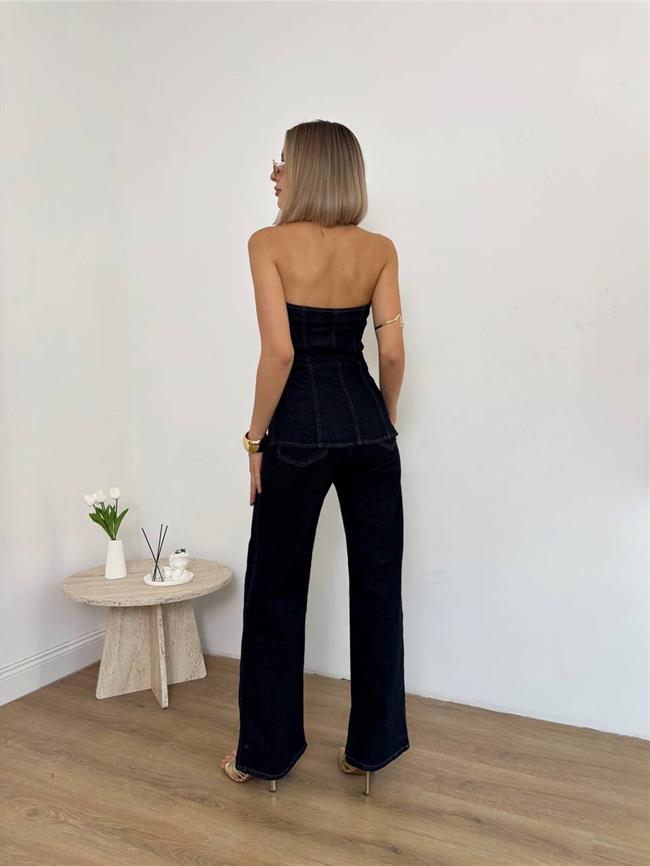 Damla Düğmeli Straplez Bluzlu Kot Takım 30019 Lacivert