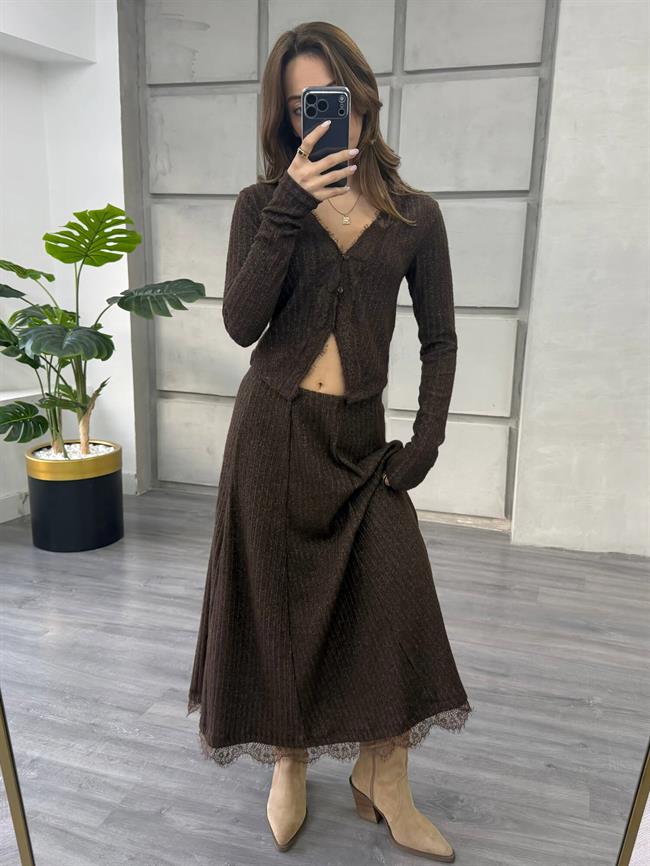 Dantel Detaylı Düğmeli Bluz 31345 Kahve