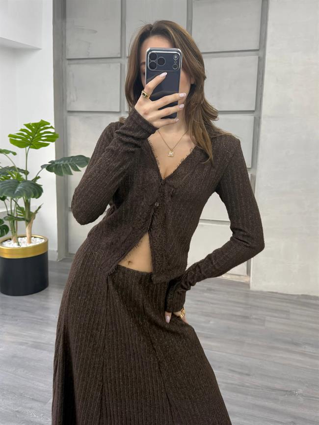 Dantel Detaylı Düğmeli Bluz 31345 Kahve