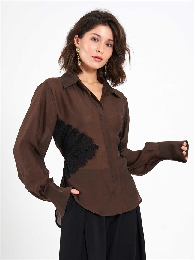 Dantel Detaylı Gömlek 080812 Kahve