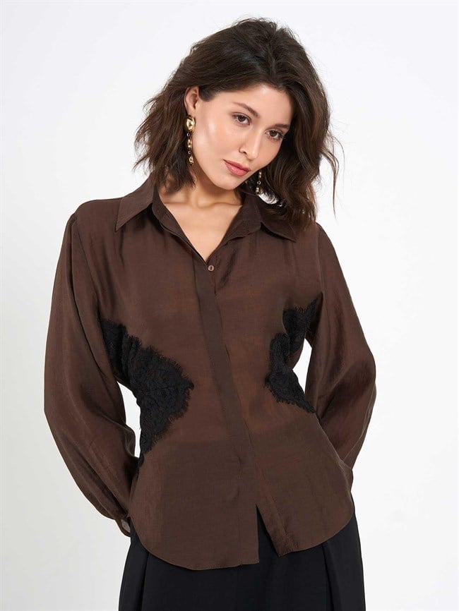 Dantel Detaylı Gömlek 080812 Kahve