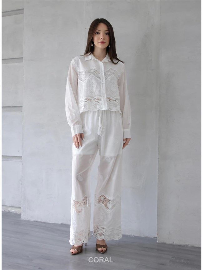 Dantel Detaylı Gömlek Pantolon Takım 39552 Beyaz