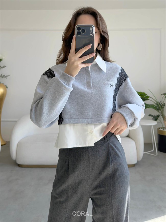 Dantel Detaylı Gömlek Yaka Sweatshirt SWT02770 Açık Gri