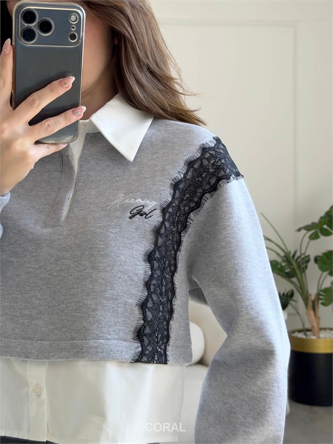 Dantel Detaylı Gömlek Yaka Sweatshirt SWT02770 Açık Gri