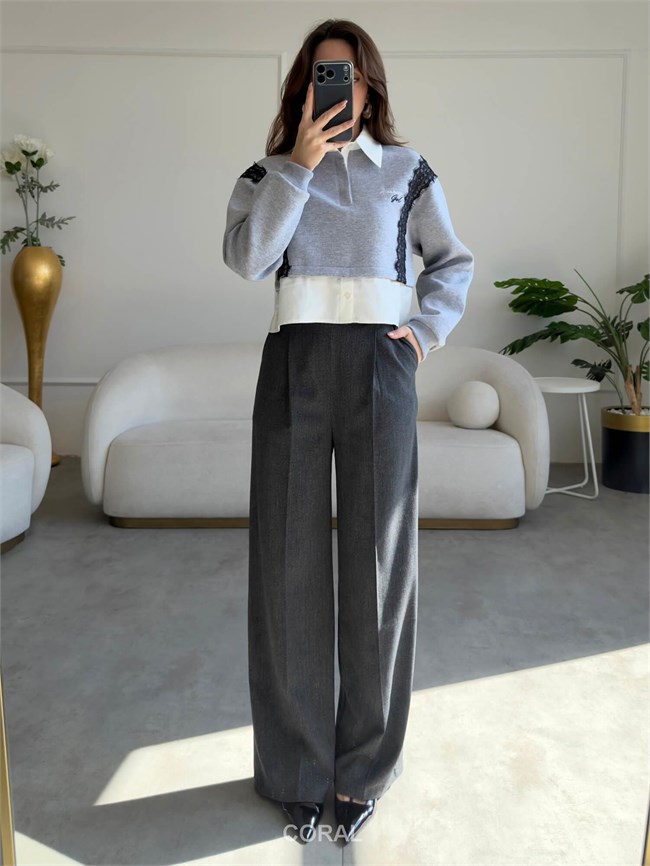 Dantel Detaylı Gömlek Yaka Sweatshirt SWT02770 Açık Gri