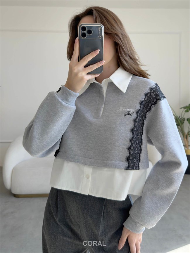 Dantel Detaylı Gömlek Yaka Sweatshirt SWT02770 Açık Gri