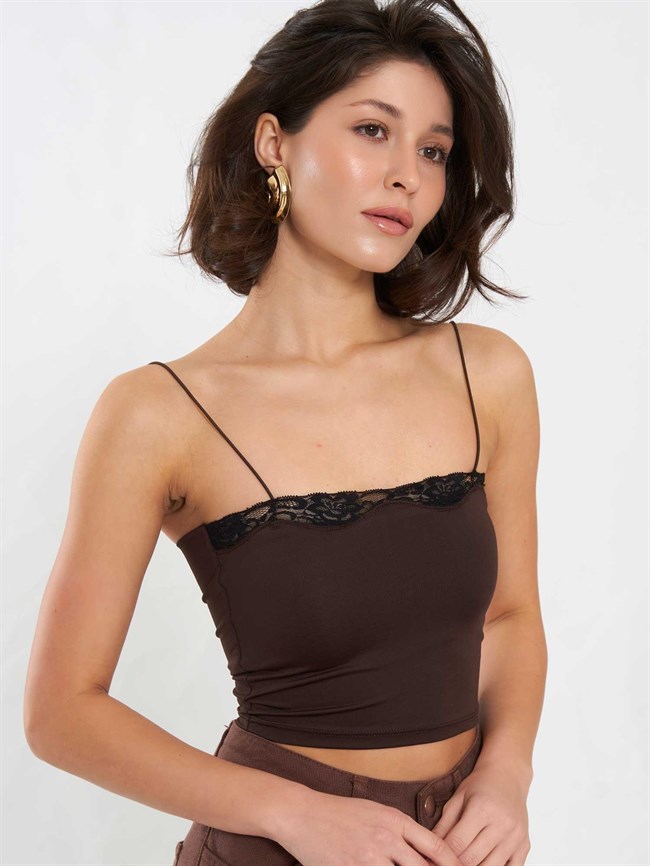 Dantel Detaylı Top Bluz 071907 Kahve