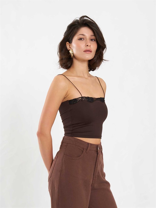 Dantel Detaylı Top Bluz 071907 Kahve