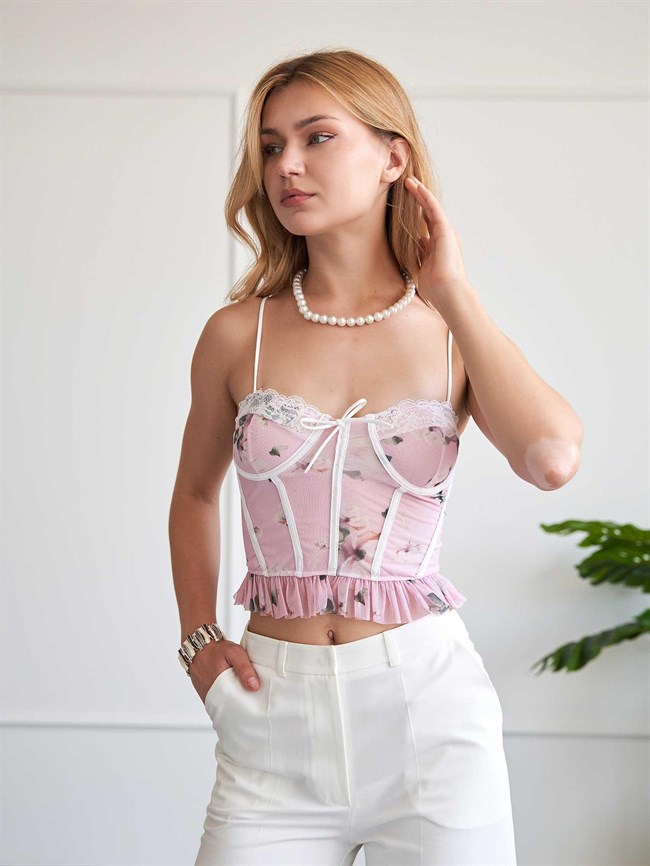 Dantel Garnili Tül Korse 060337 Pembe