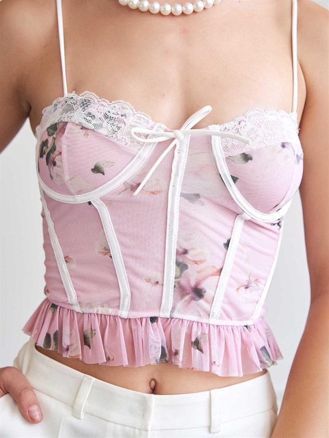 Dantel Garnili Tül Korse 060337 Pembe