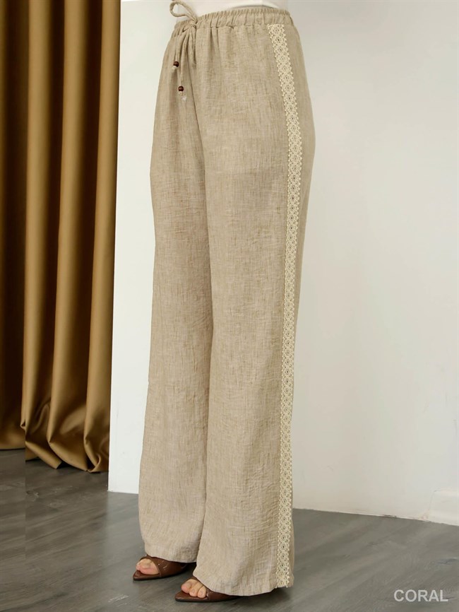 Dantel Şeritli Bağcıklı Pantolon PNT01889 Bej
