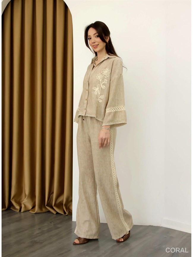 Dantel Şeritli Bağcıklı Pantolon PNT01889 Bej