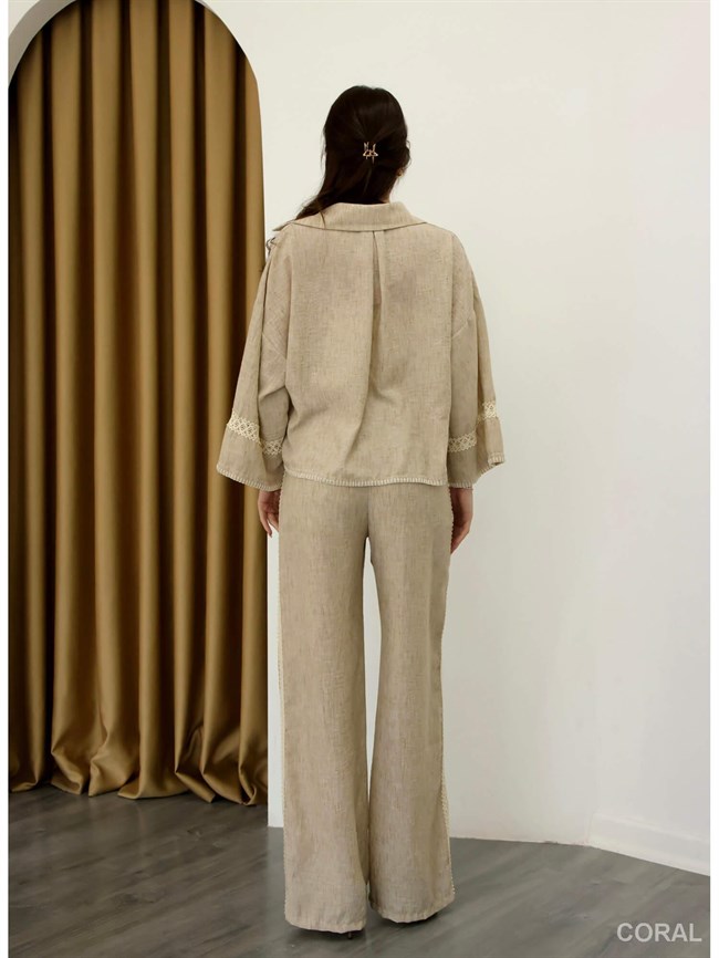 Dantel Şeritli Bağcıklı Pantolon PNT01889 Bej