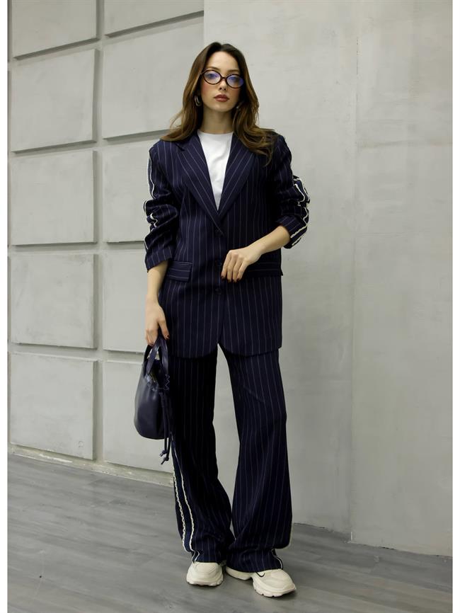 Dantel Şeritli Çizgili Ceket Ckt01697 Lacivert