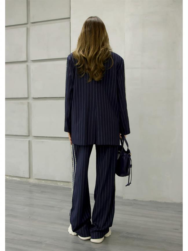 Dantel Şeritli Çizgili Ceket Ckt01697 Lacivert