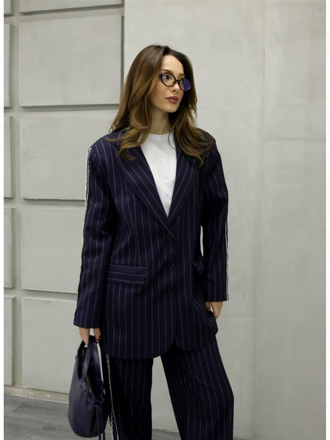 Dantel Şeritli Çizgili Ceket Ckt01697 Lacivert