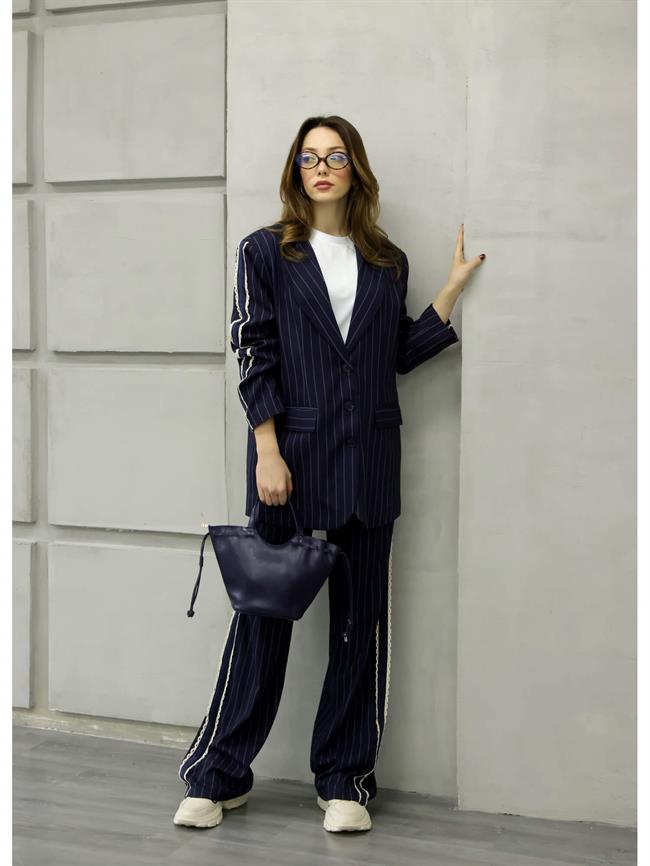 Dantel Şeritli Çizgili Pantolon Pnt01691 Lacivert