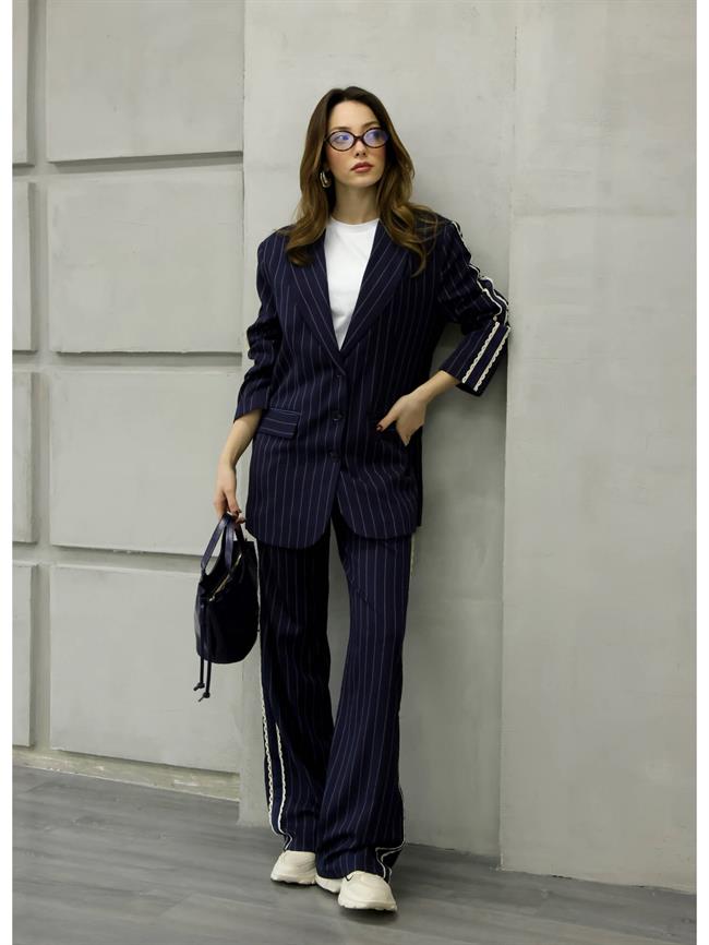 Dantel Şeritli Çizgili Pantolon Pnt01691 Lacivert