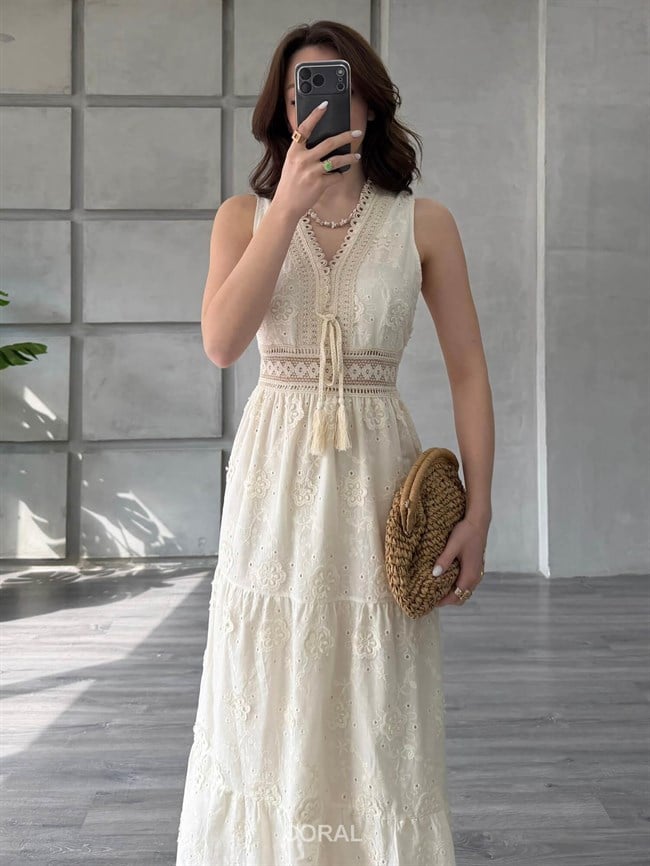 Dantelli Bağcıklı Elbise 39683 Naturel